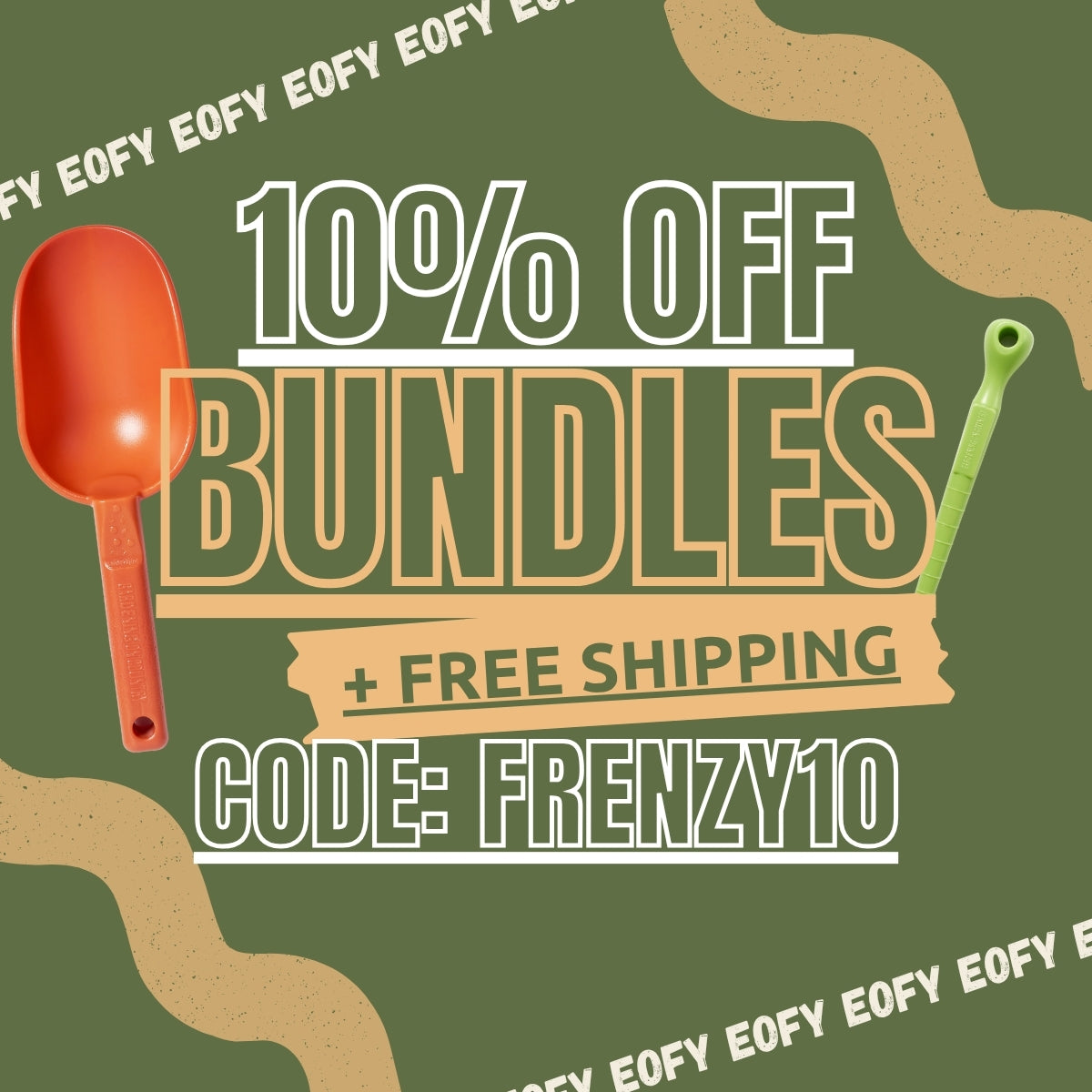Promotional graphic with gardening tools and text offering 10% off bundles and free shipping.