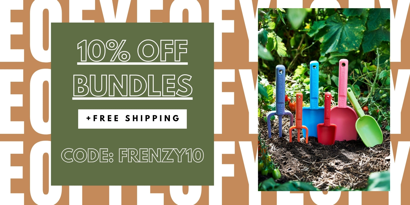Promotional banner with '10% off bundles + free shipping' offer and garden tools in the corner.