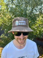 Bucket-hat-wide-brim-brown-colour-with-gardening-on-country-logo