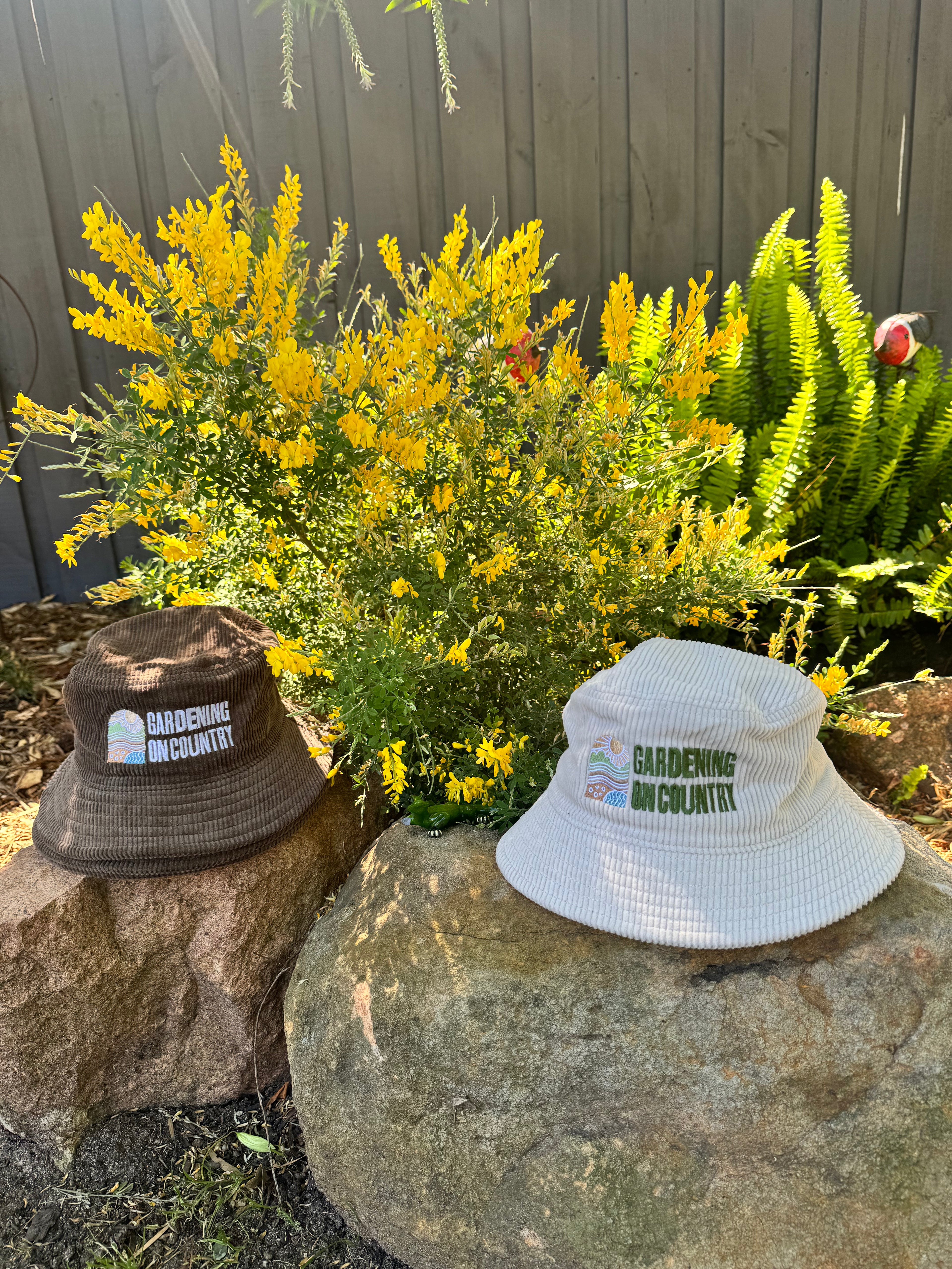 Two bucket hats placed on rocks in front of a flowering bush. One hat is brown and the other is white with green text that reads 'GARDENING ON COUNTRY.