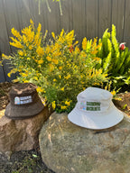Bucket-hat-wide-brim-white-brown-logo