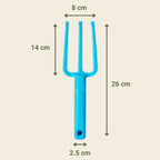 Blue garden fork with measurements on a beige background