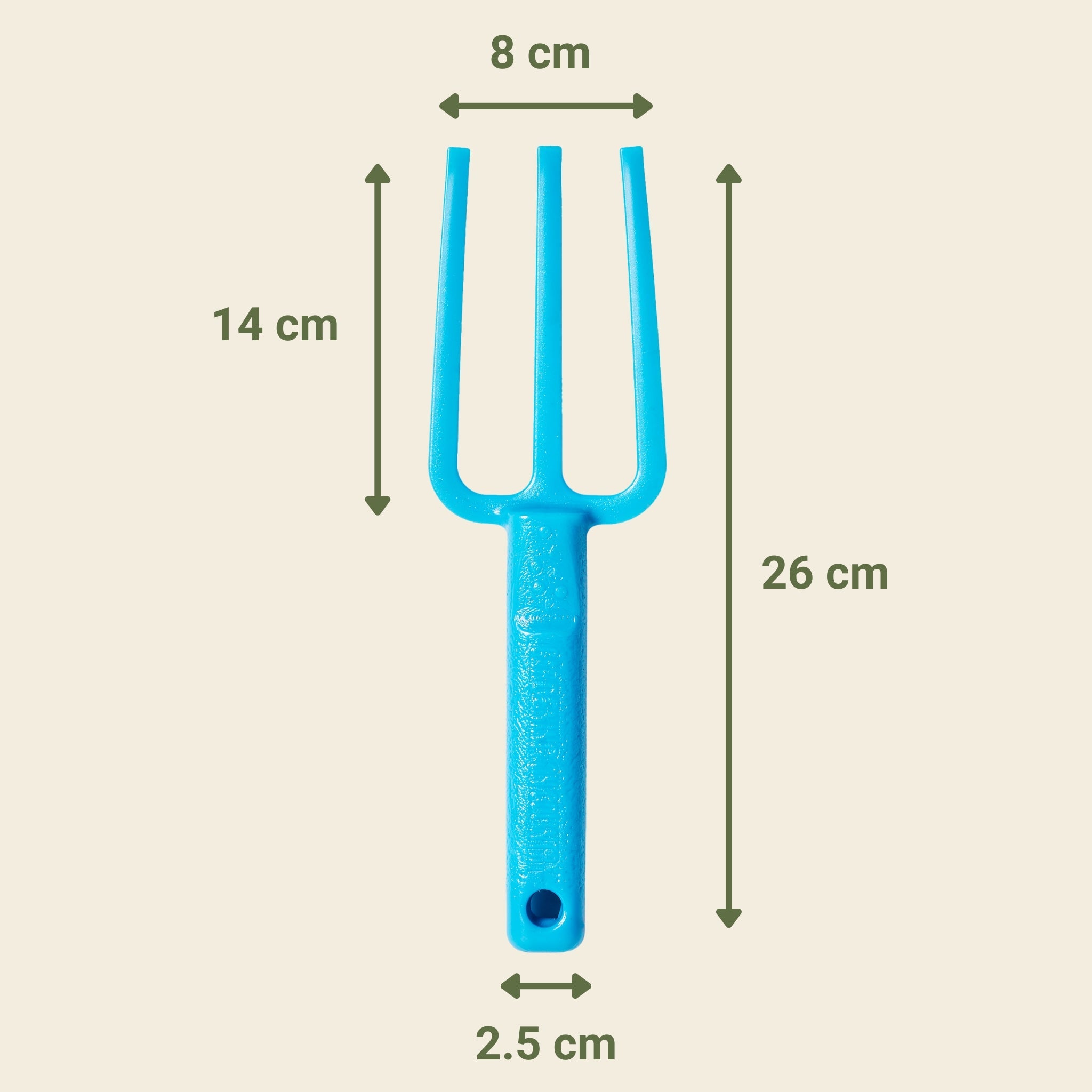 Blue garden fork with measurements on a beige background