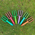 Group-photo-multicoloured-garden-hand-forks-on-grass