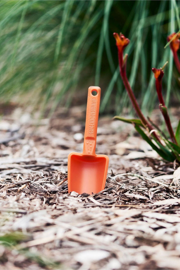 Orange plastic scoop on the ground with plants in the background