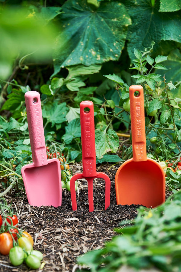 Three colorful garden tools (pink, red, orange) on a garden bed with plants and vegetables. Trowel or shovel, fork and scoop.