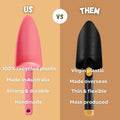 Comparison of a pink recycled plastic shovel labeled 'US' versus a black virgin plastic shovel labeled 'THEM' on a brown background.