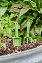 Two small green gardening tools in a garden bed with plants.