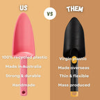 Comparison of a pink recycled plastic shovel labeled 'US' versus a black virgin plastic shovel labeled 'THEM' on a brown background.