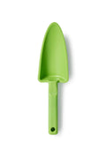 Green plastic garden shovel on a white background