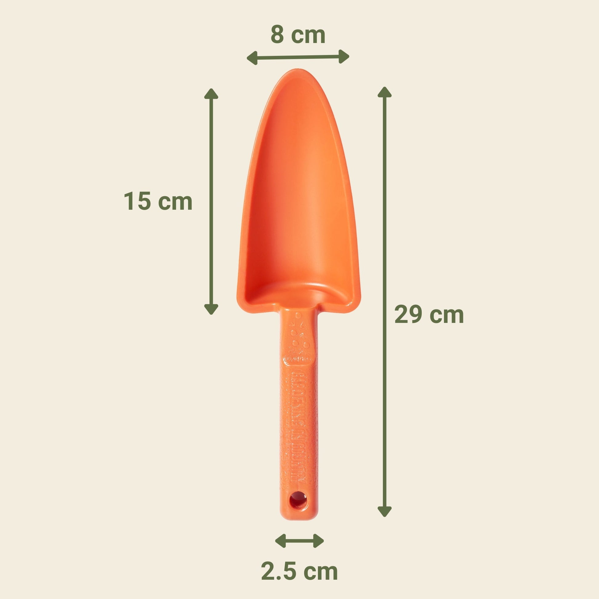 Orange garden scoop with measurements on a beige background