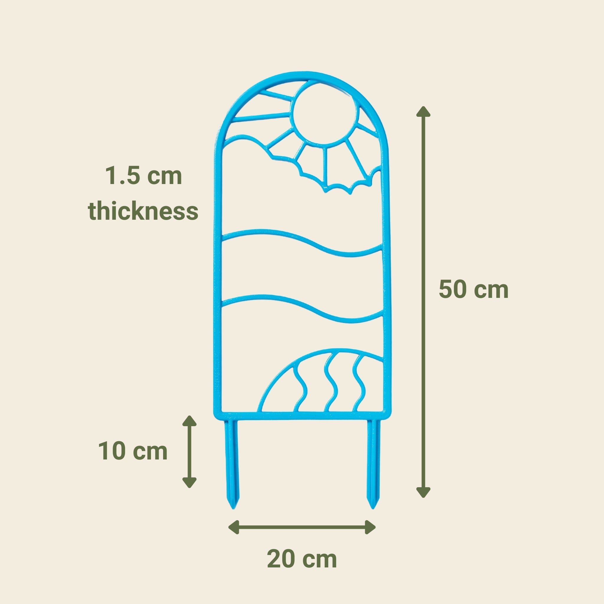 Measurement chart of a decorative recycled plastic plant trellis with dimensions on a beige background